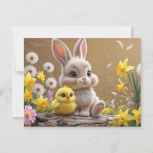 Postal Adorable Bunny y Baby Chick en el Jardín de primav