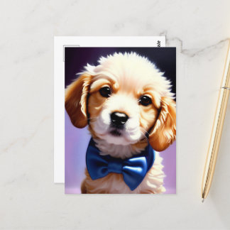 Postal Adorable Cachorro Fluffy con Azulejos de Bow Azul