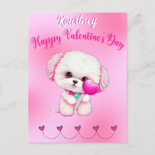 Postal Adorable cachorro maltés feliz día de San Valentín