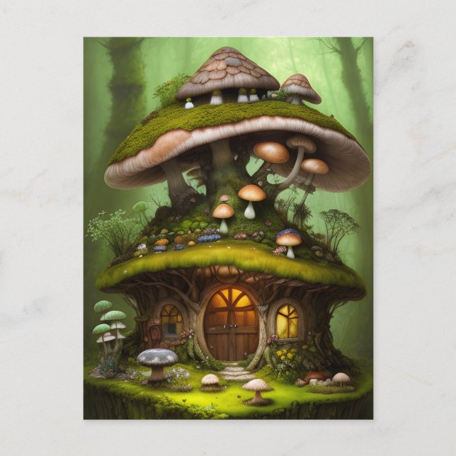 Postal Adorable Casa de Hadas de Musgo y Hongos (Anverso)