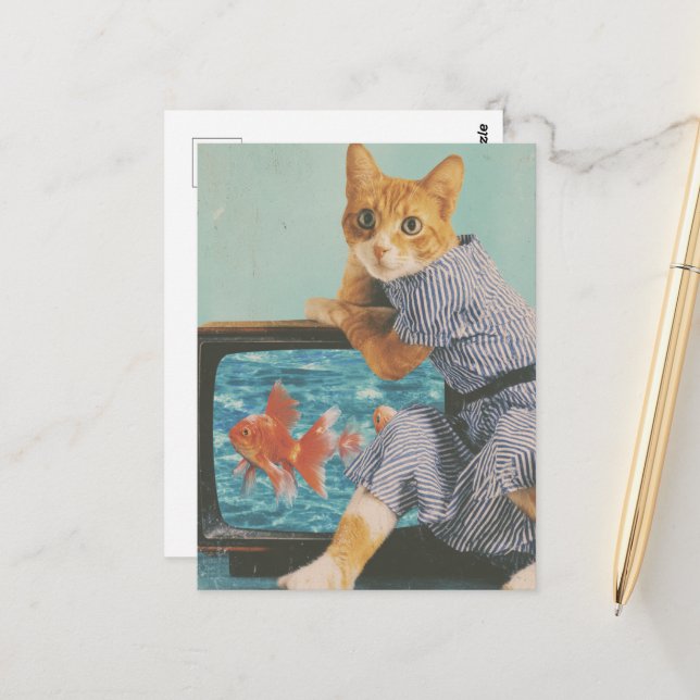 Postal Adorable Cat With Goldfish on TV Retro Collage (Anverso/Reverso In Situ)