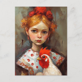Postal Adorable Chica con su pollo Mascota