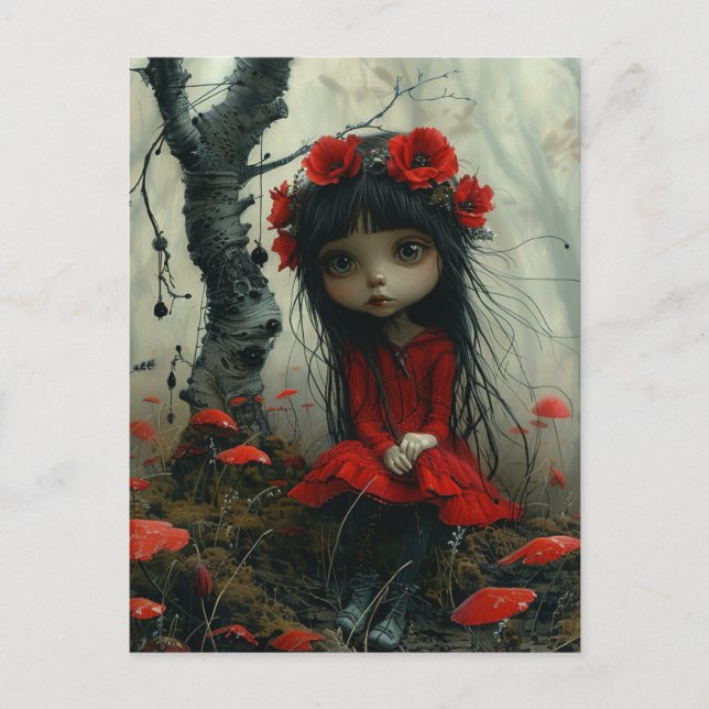 Postal Adorable Chica triste en un bosque de adormidera (Anverso)