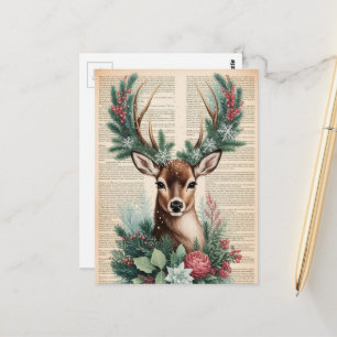 Postal Adorable Ciervo de Navidad Retro en Papel Vintage