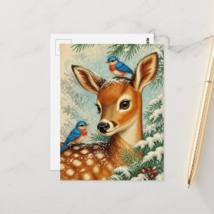 Postal Adorable ciervo de Navidad vintage y pájaros lindo