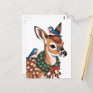Postal Adorable Ciervo Retro de Navidad