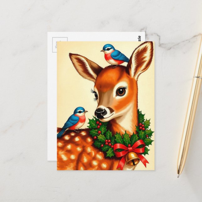 Postal Adorable ciervo vintage de Navidad (Anverso/Reverso In Situ)
