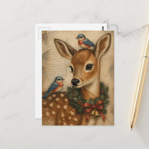 Postal Adorable ciervo y pájaros de Navidad vintage