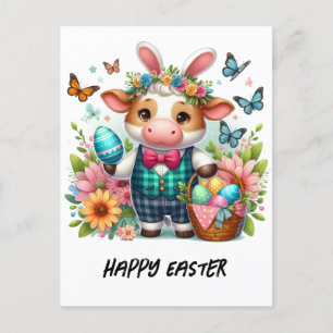 Postal Adorable conejito de vacas de Pascua con traje de