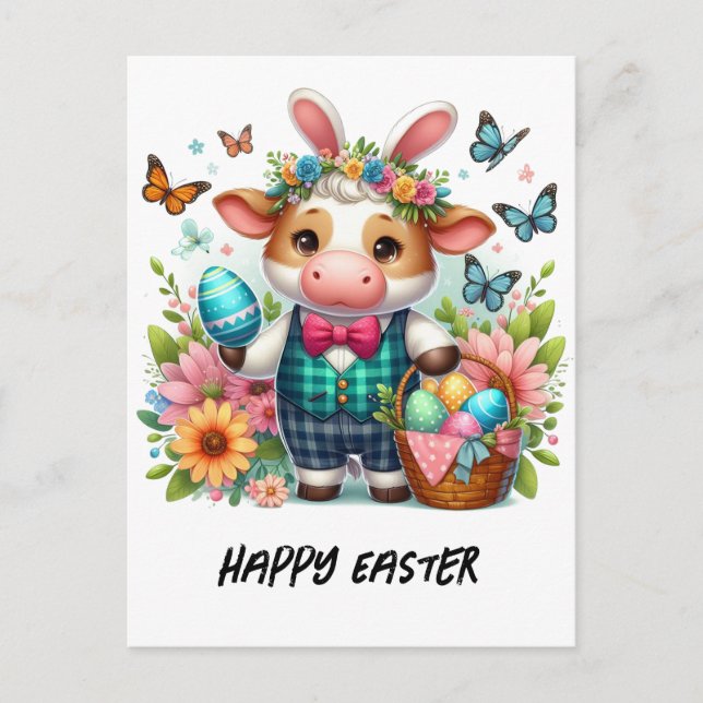 Postal Adorable conejito de vacas de Pascua con traje de  (Anverso)