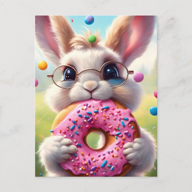 Postal Adorable conejo blanco con donut (Anverso)