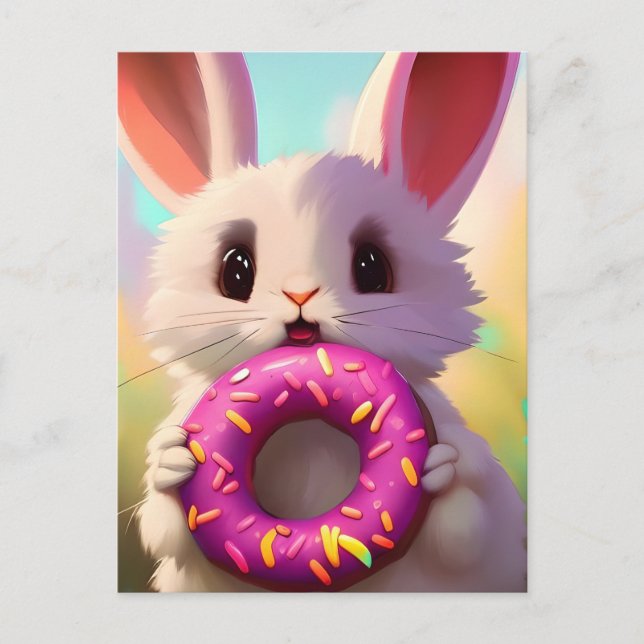 Postal Adorable conejo blanco con un donut rosado (Anverso)