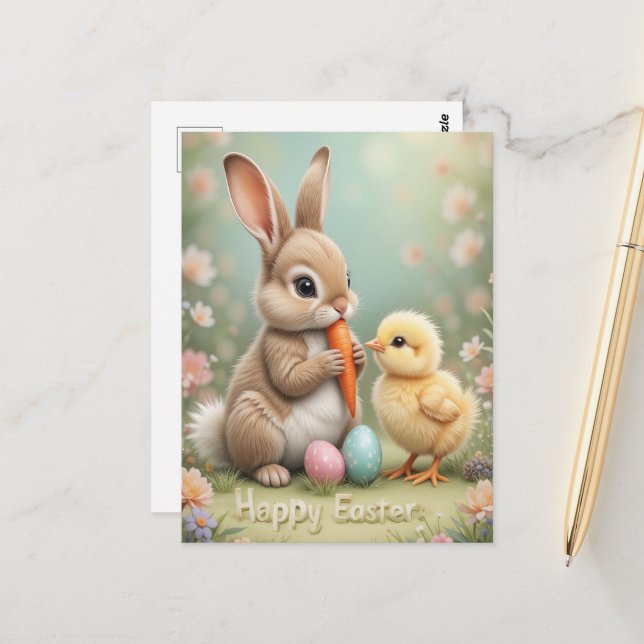 Postal Adorable conejo de Pascua y saludo de primavera de (Anverso/Reverso In Situ)