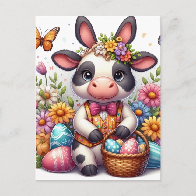 Postal Adorable conejo de vacas de Pascua con huevos (Anverso)