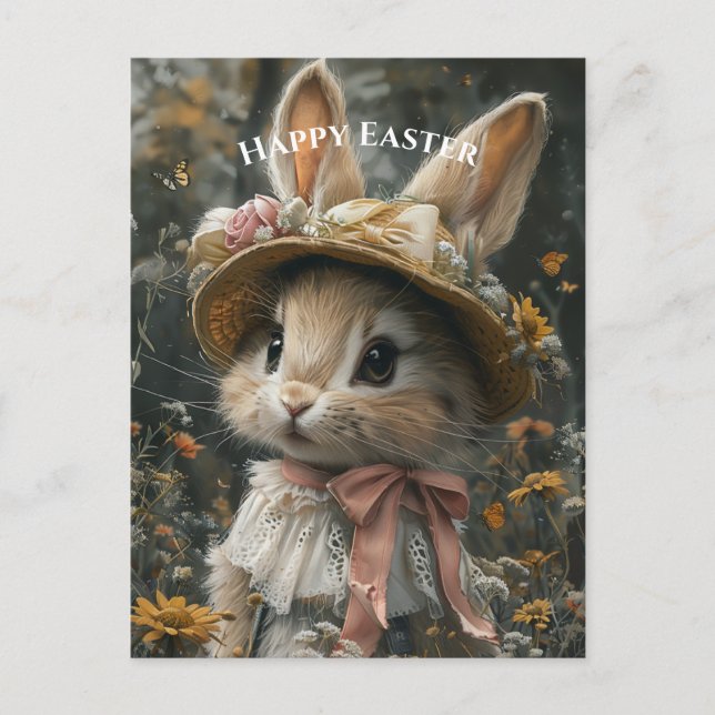 Postal Adorable Conejo Sombrero de Paja Flores Encaje (Anverso)