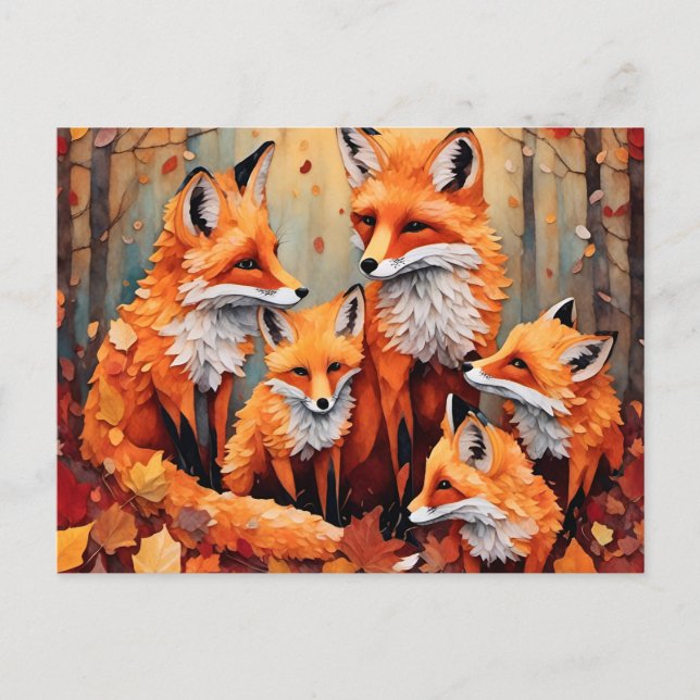 Postal Adorable familia Red Fox en otoño (Anverso)