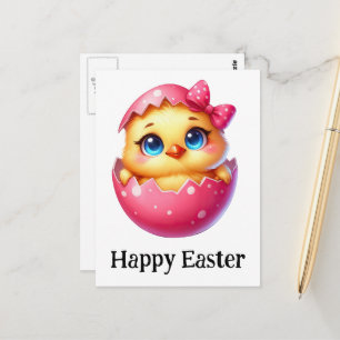 Postal Adorable Funny Cute Pascua Bebé Pollo Rosa Huevo