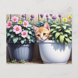 Postal Adorable Gatito buscando en las macetas de flores