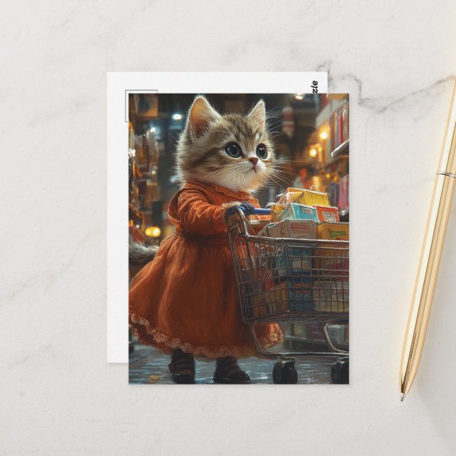 Postal Adorable Gatito Comprando Comestibles (Anverso/Reverso In Situ)