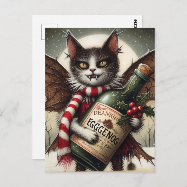 Postal Adorable gatito de hadas de Navidad con ponche de  (Anverso / Reverso)