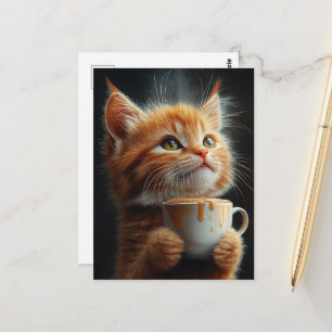 Postal Adorable gatito jengibre con un café caramelo
