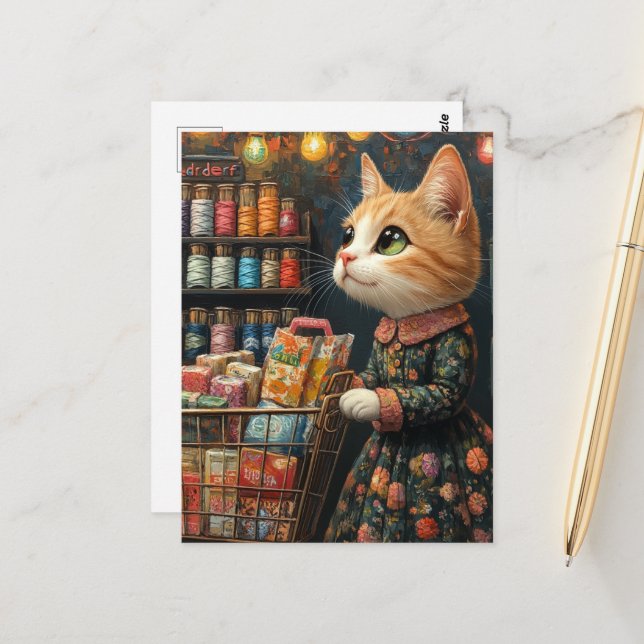 Postal Adorable Gatito Pelirrojo Comprando Comestibles (Anverso/Reverso In Situ)