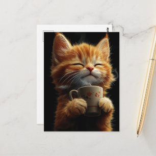 Postal Adorable gatito pelirrojo con un café