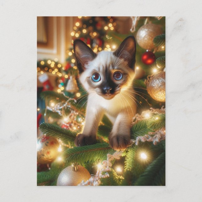 Postal Adorable gatito siamés en un árbol de Navidad (Anverso)