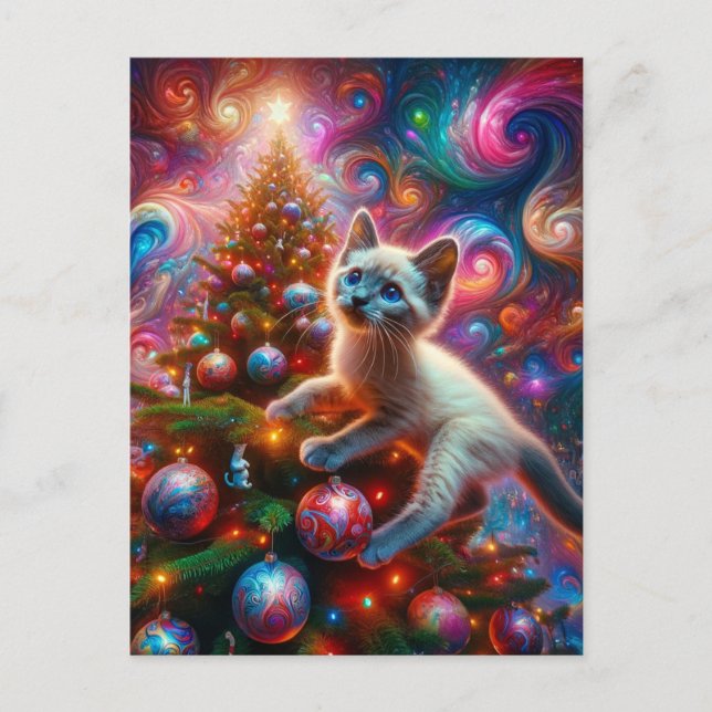 Postal Adorable Gatito Siames Surrealista Navidad (Anverso)
