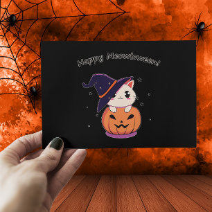Postal Adorable Gato Bruja Kawaii en Calabaza de Hallowee