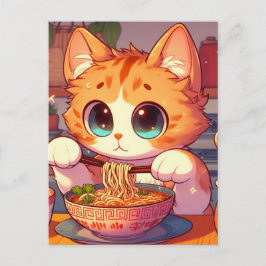Postal Adorable gato comiendo fideos de Ramen