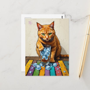 Postal Adorable Gato Pelirrojo y Hielo