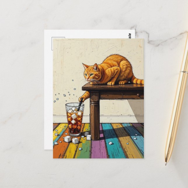 Postal Adorable Ginger Cat Spills the Ice (Anverso/Reverso In Situ)