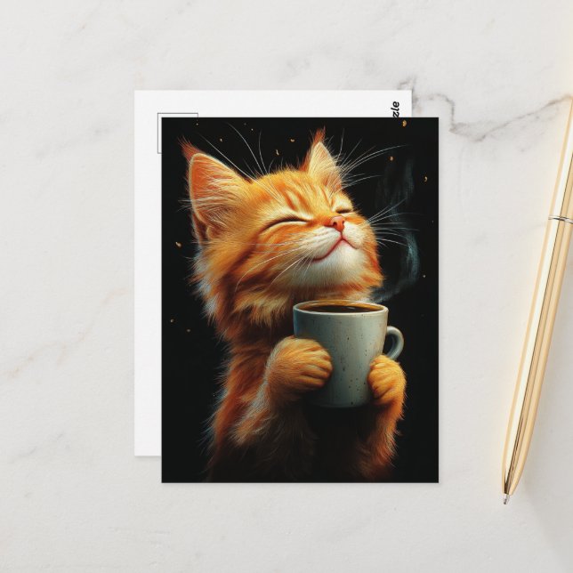 Postal Adorable Ginger Kitty With a Coffee (Anverso/Reverso In Situ)