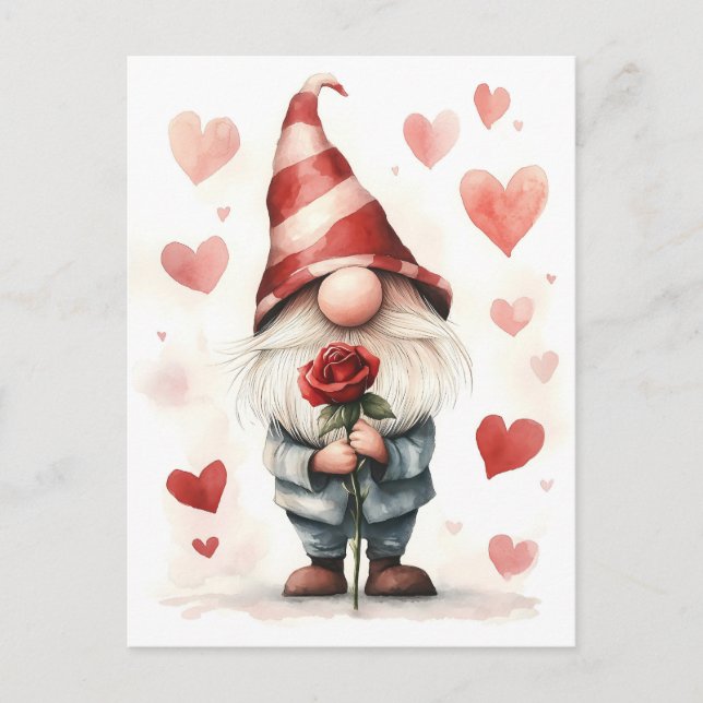 Postal Adorable Gnome de San Valentín: con un Rosa (Anverso)