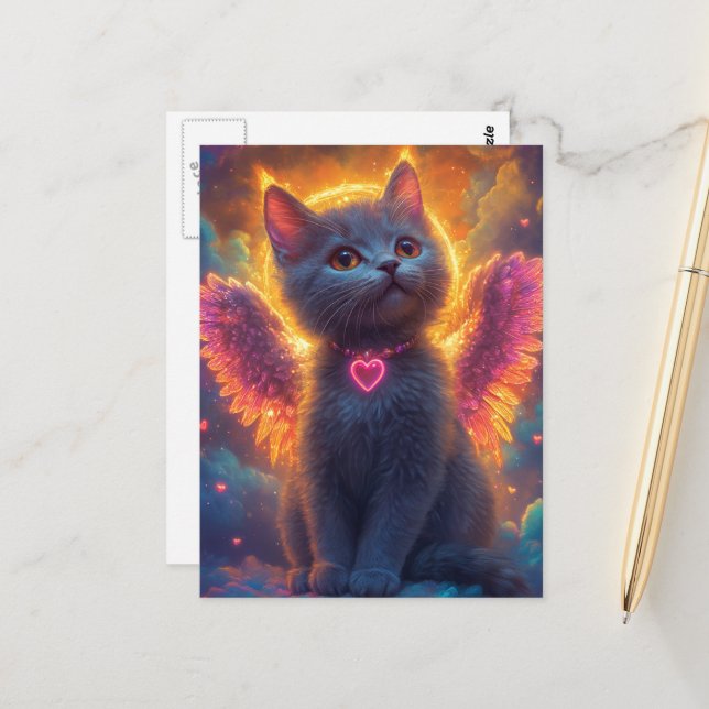 Postal Adorable Gray Angel Kitty (Anverso/Reverso In Situ)