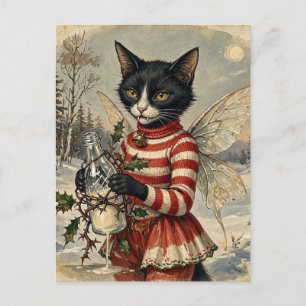 Postal Adorable Hada de Gato Negro Vampiro Retro de Navid