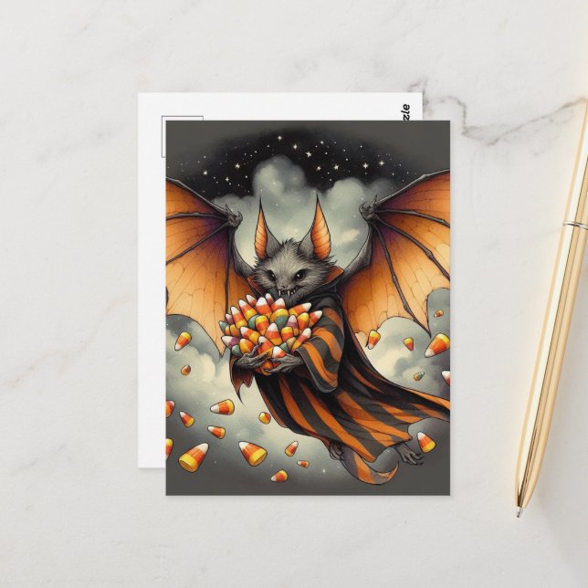 Postal Adorable Halloween Bat With Candy (Anverso/Reverso In Situ)