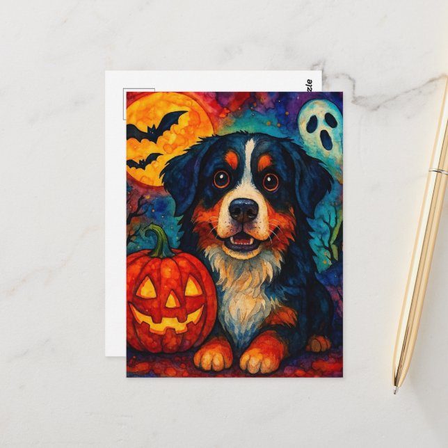 Postal Adorable Halloween Bernese Mountain Dog (Anverso/Reverso In Situ)
