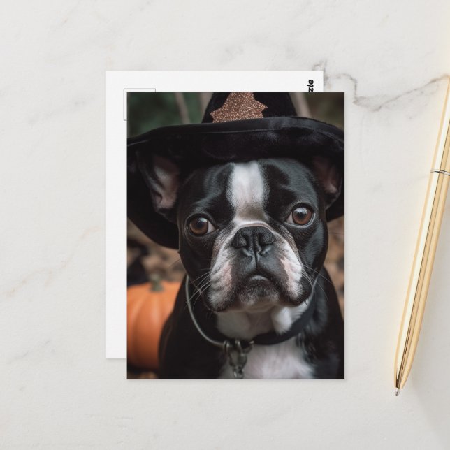 Postal Adorable Halloween Boston Terrier (Anverso/Reverso In Situ)