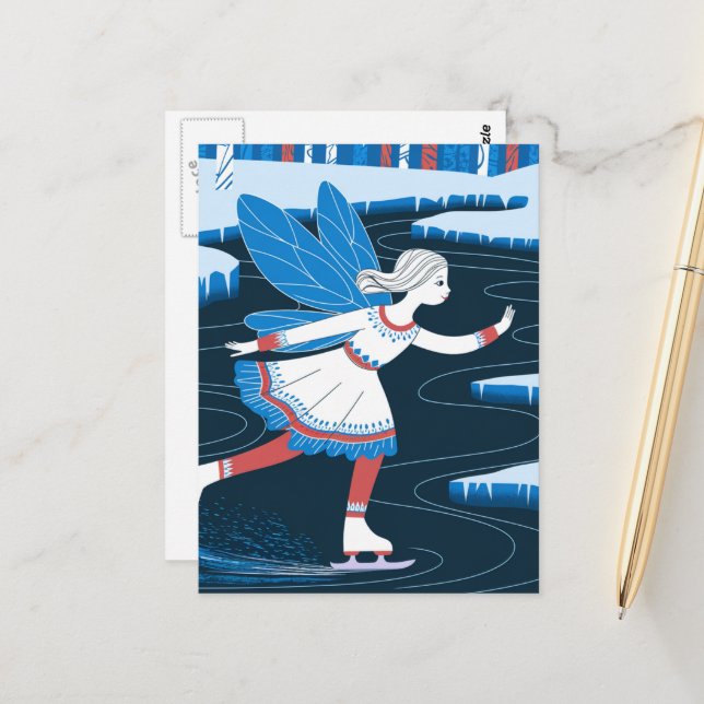 Postal Adorable Ice Sking Fairy Icy Winter Pond (Anverso/Reverso In Situ)