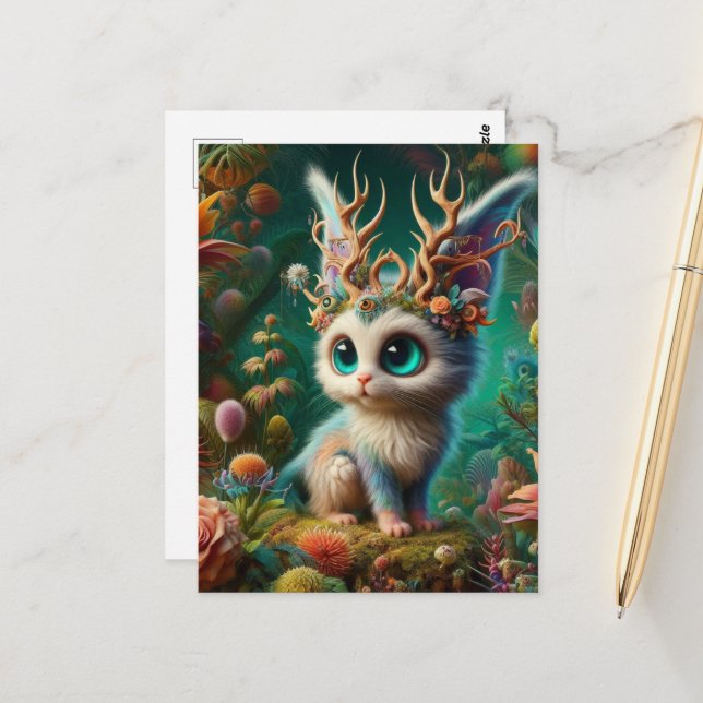 Postal Adorable Jackalope Fluffy Kitten Critter (Anverso/Reverso In Situ)