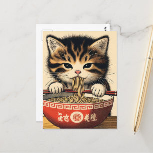 Postal Adorable Kitten Comer Ramen Impresión de Bloque de