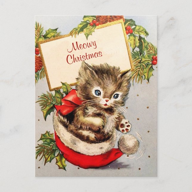 Postal Adorable Kitten Sitting Santa Hat Meowy Navidades (Anverso)