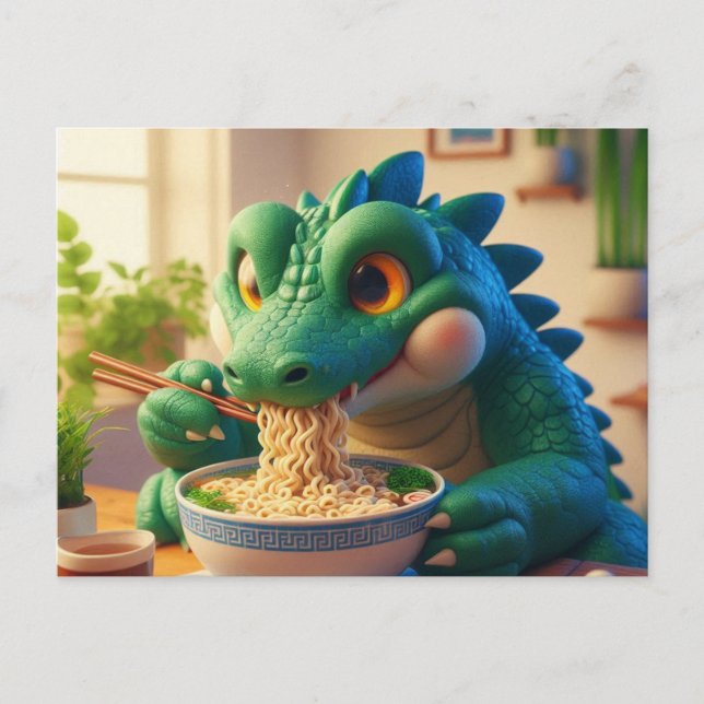 Postal Adorable lagarto Kawaii comiendo Ramen (Anverso)
