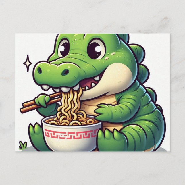 Postal Adorable lagarto Kawaii comiendo Ramen (Anverso)