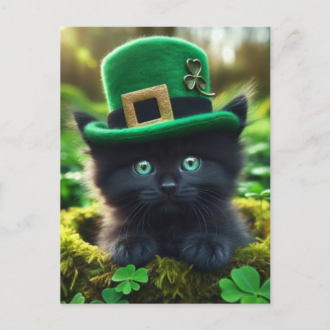 Postal Adorable Lucky Black St. Patrick's Day Kitten (Anverso)