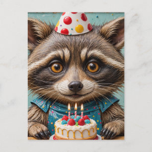 Postal Adorable mapache con un pastel de cumpleaños