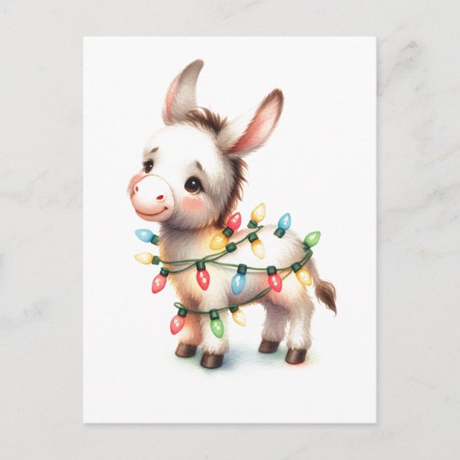 Postal Adorable Merry Christmas Donkey Watercolor Luces (Anverso)