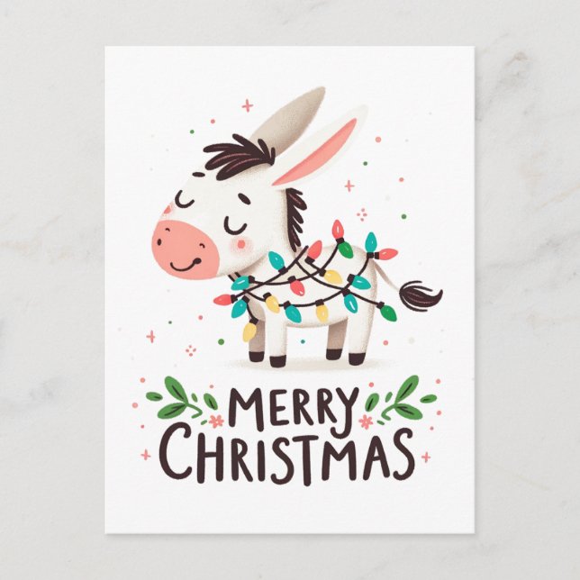 Postal Adorable Merry Christmas Donkey Watercolor Luces (Anverso)